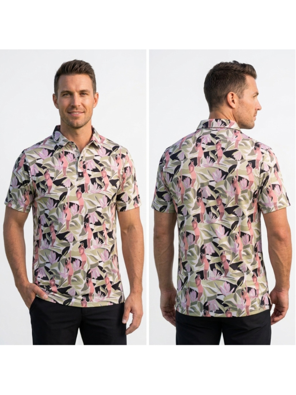 Bad Birdie Leilani Golf Polo Shirt Mens Large L Floral Tropical Hula Dancer Golf